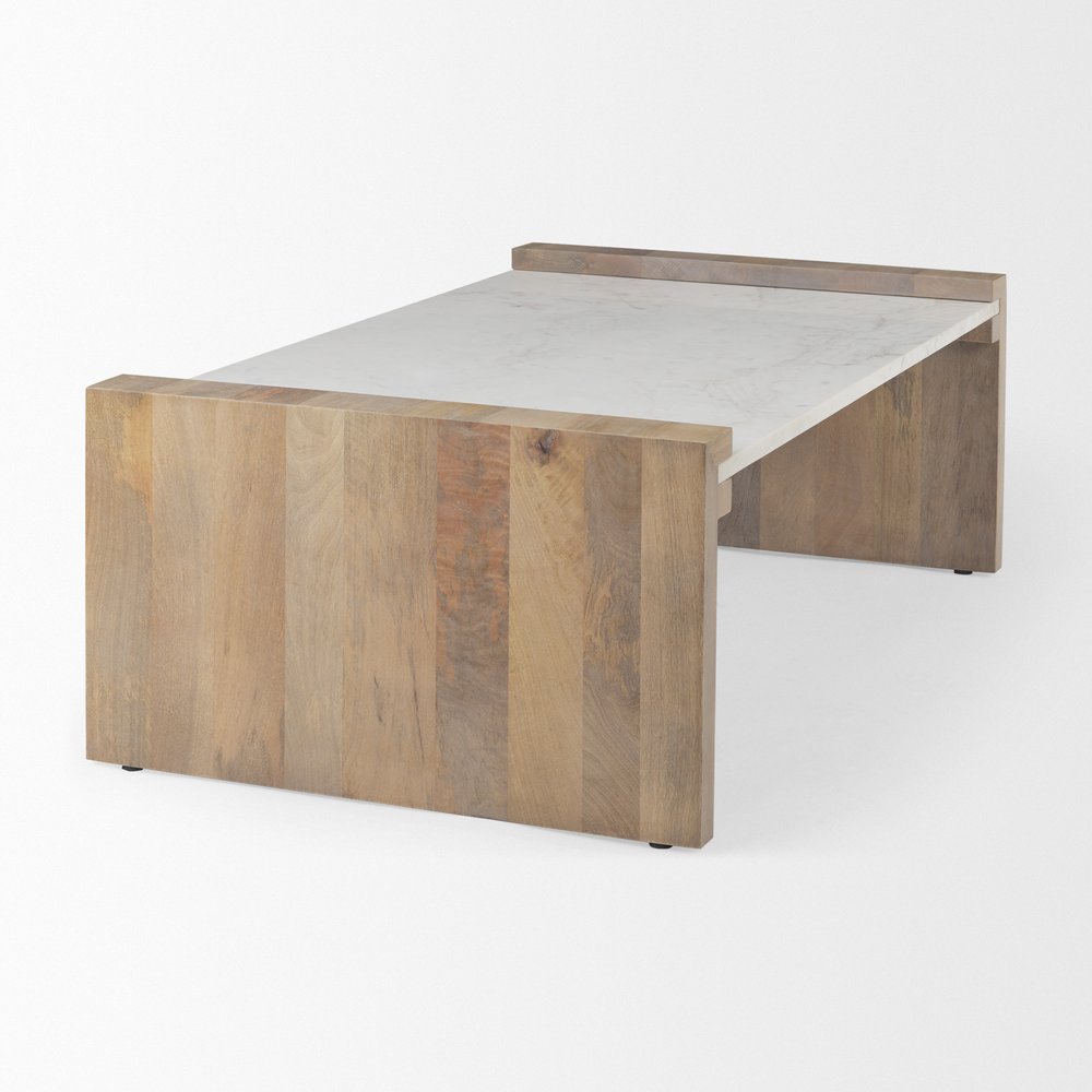 48" Natural and White Wood and Marble Coffee Table