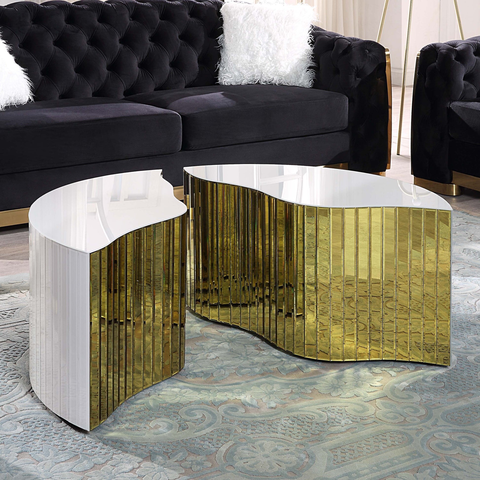40" White and Gold Wood and Glass Tri-Piece Crack Coffee Table