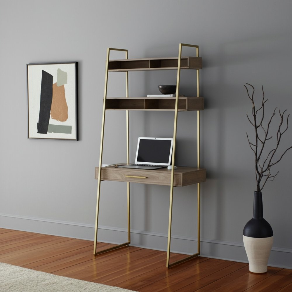 42" Brown and Gold Wood and Metal Ladder Desk