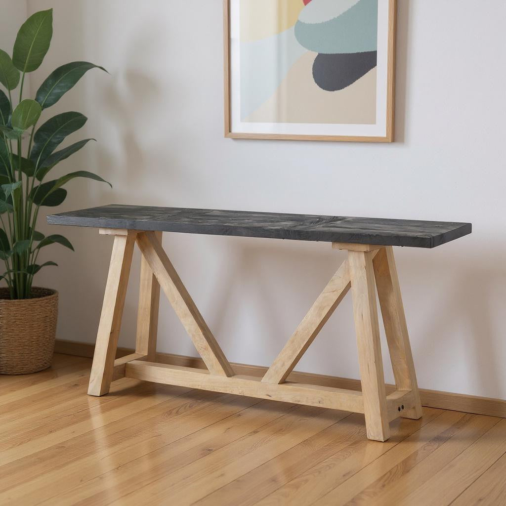 70" Black and Brown Wood Trestle Console Table