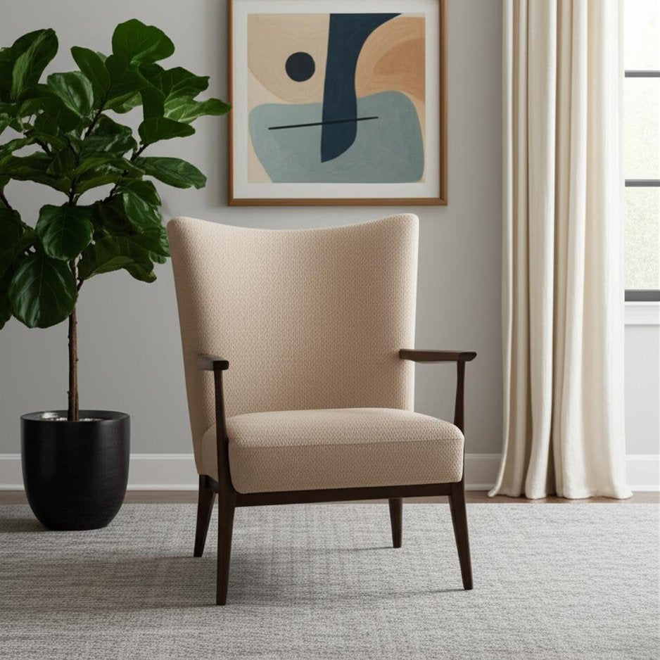 29" Beige and Brown Bouclé Wingback Chair