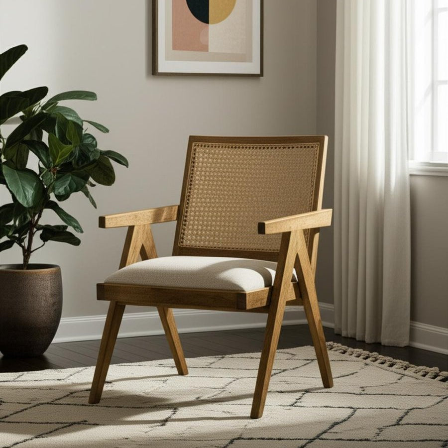 22" Beige and Rattan Coastal Armchair