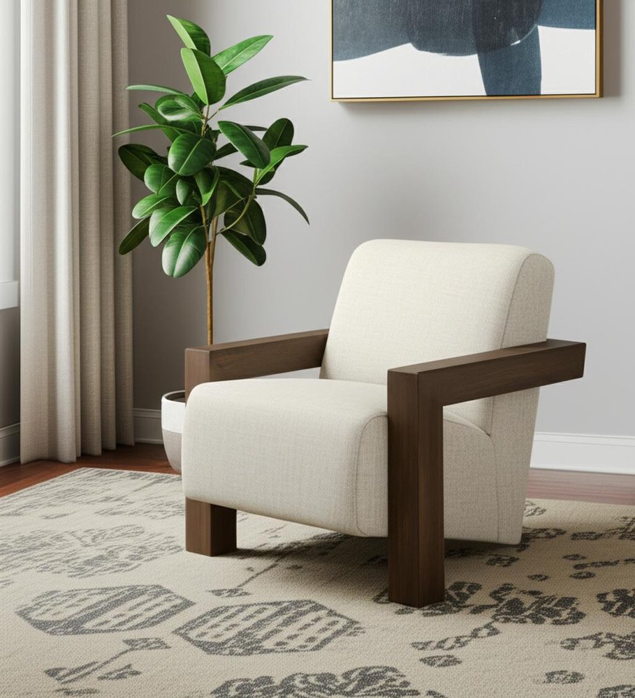35" Cream and Brown Modern Lounge Chair