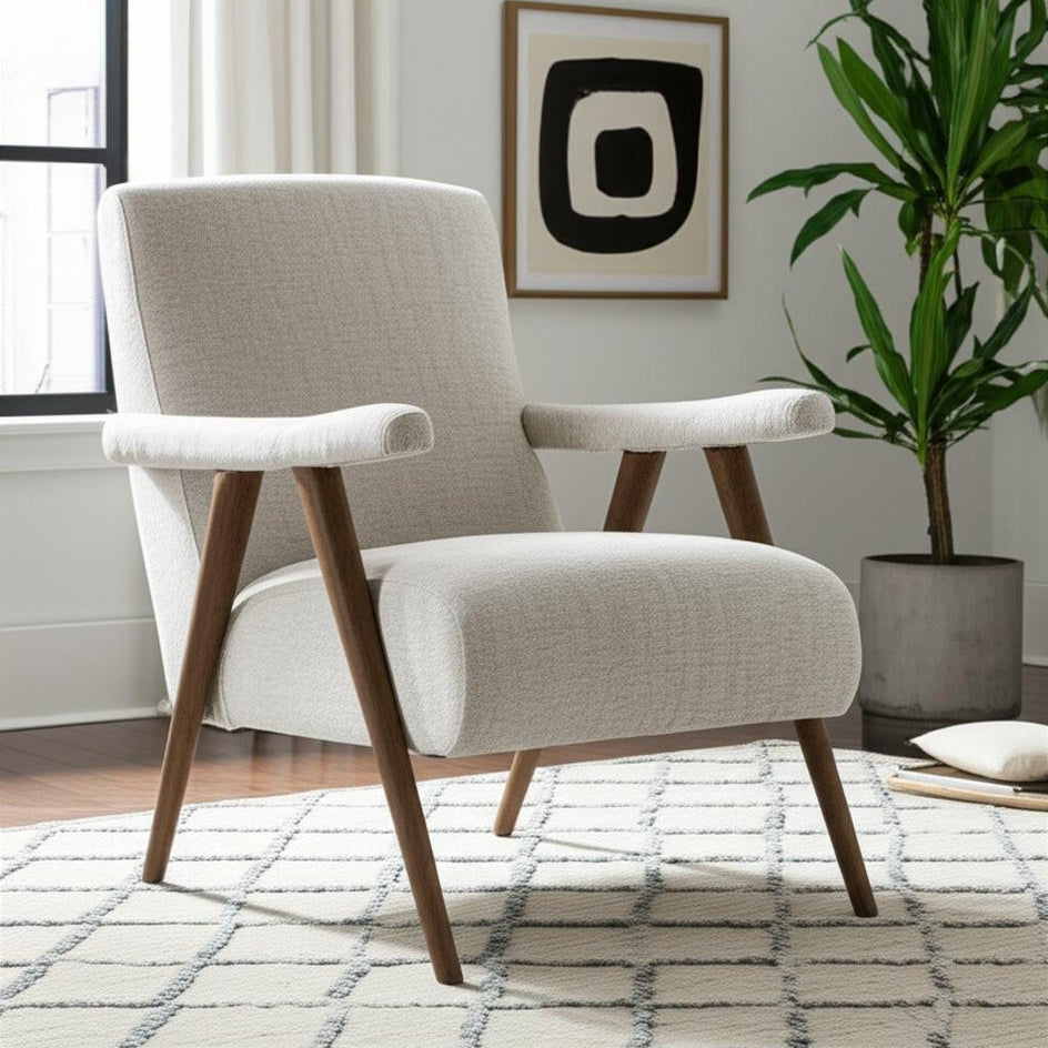 32" Cream and Brown Linen Scandinavian Armchair