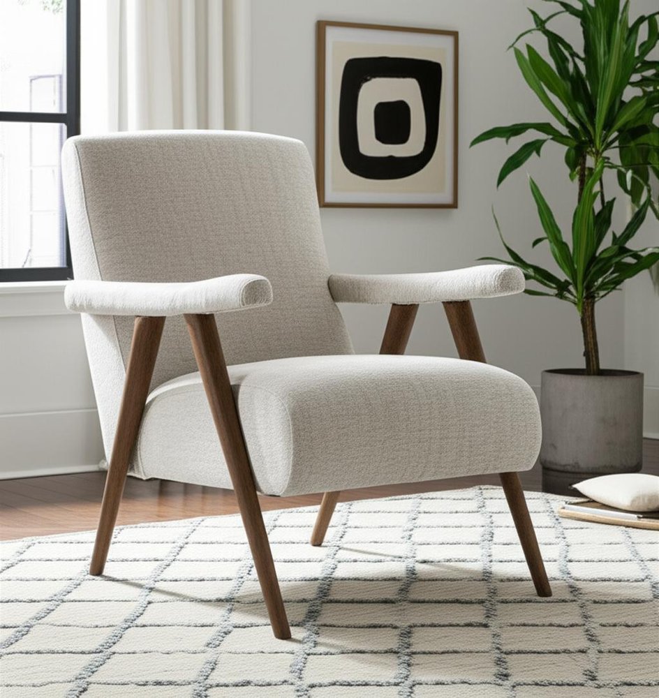 32" Cream and Brown Linen Scandinavian Armchair