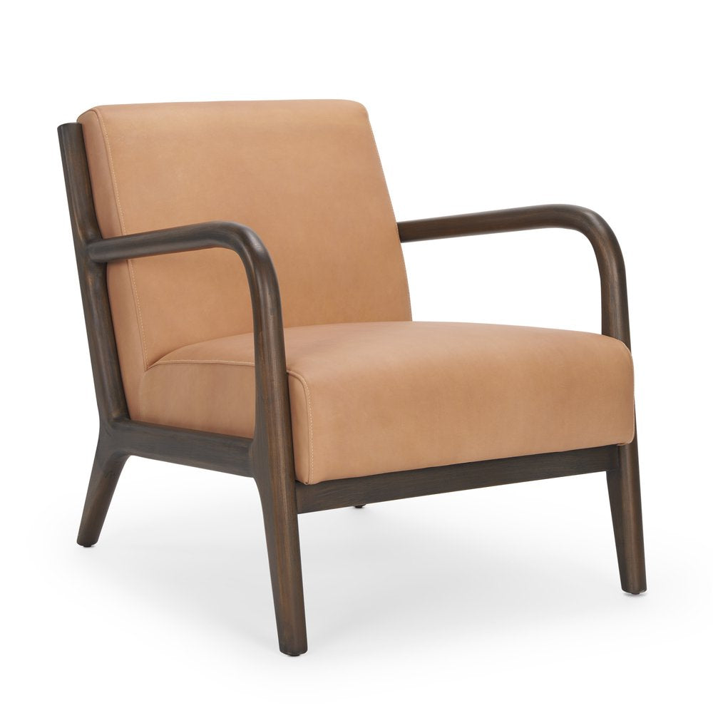 26" Tan and Dark Brown Leather and Wood Armchair