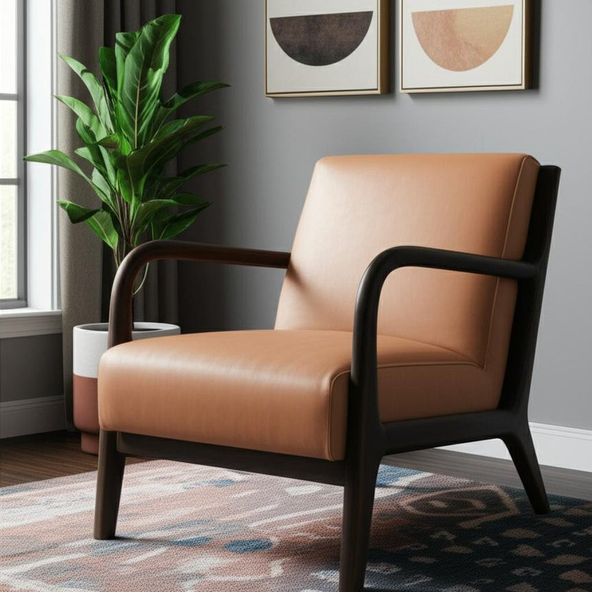 26" Tan and Dark Brown Leather and Wood Armchair
