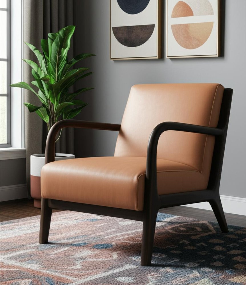 26" Tan and Dark Brown Leather and Wood Armchair
