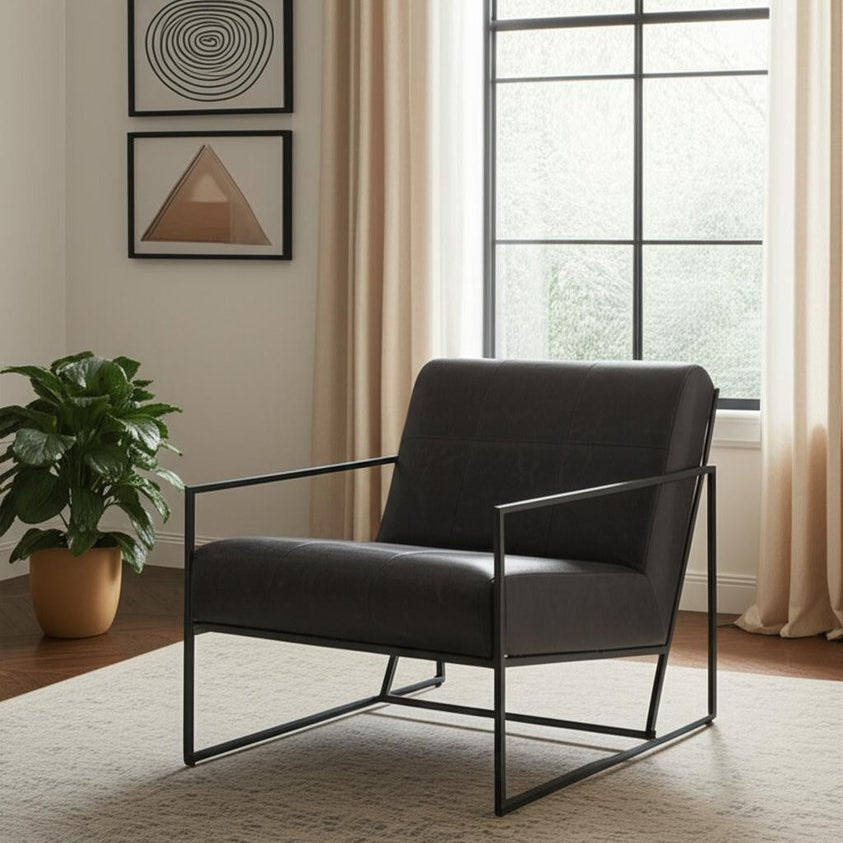 37" Black Genuine Leather Lounge Chair