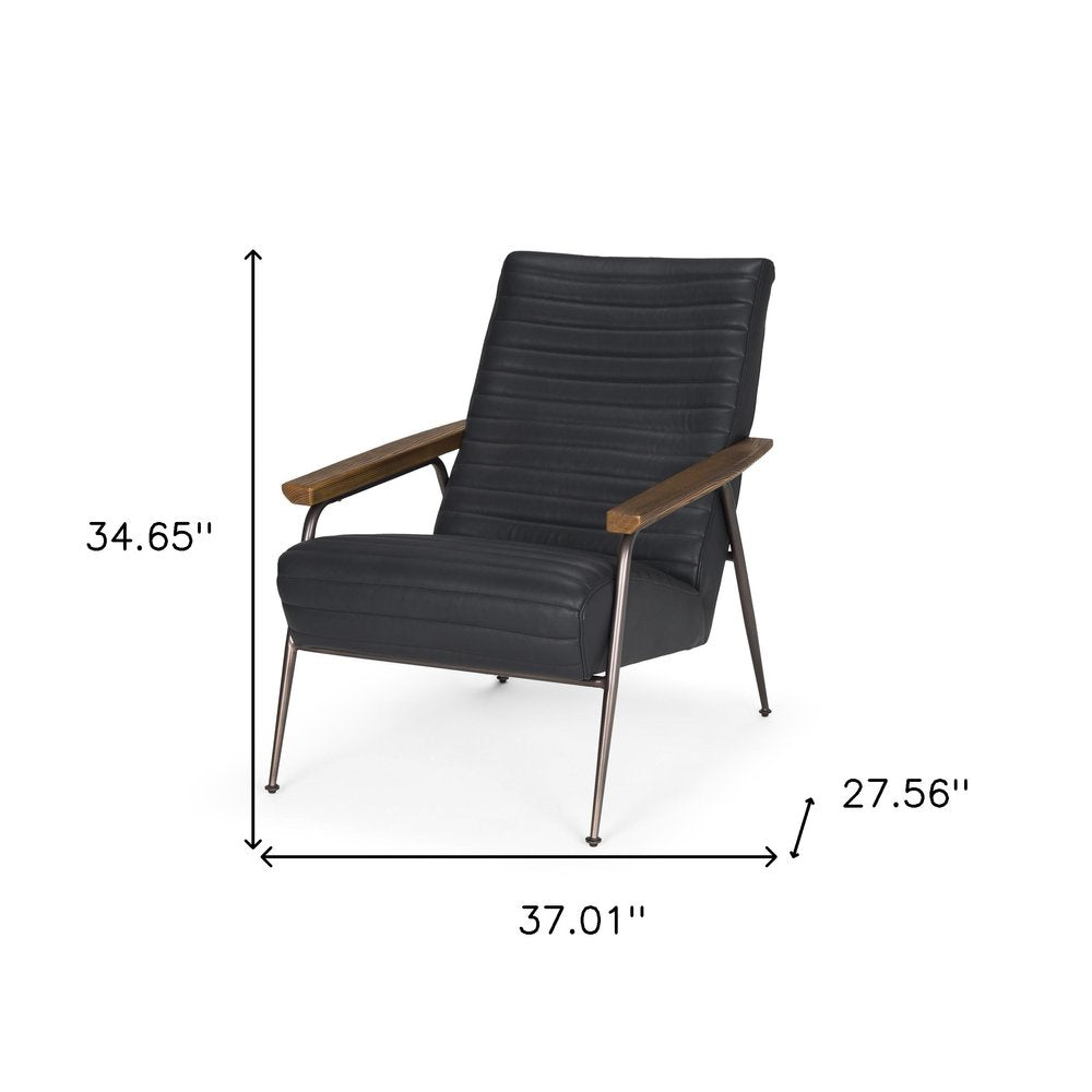 37" Black Leather Tufted Mid-Century Armchair