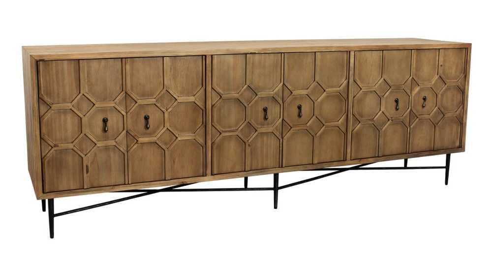 91" Natural Carved Geometric Wood 6 Door Buffet