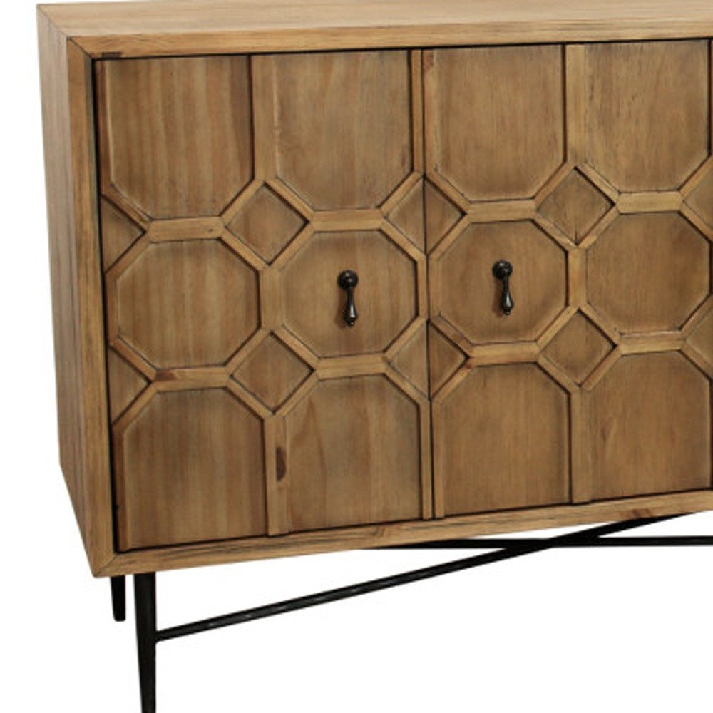 91" Natural Carved Geometric Wood 6 Door Buffet