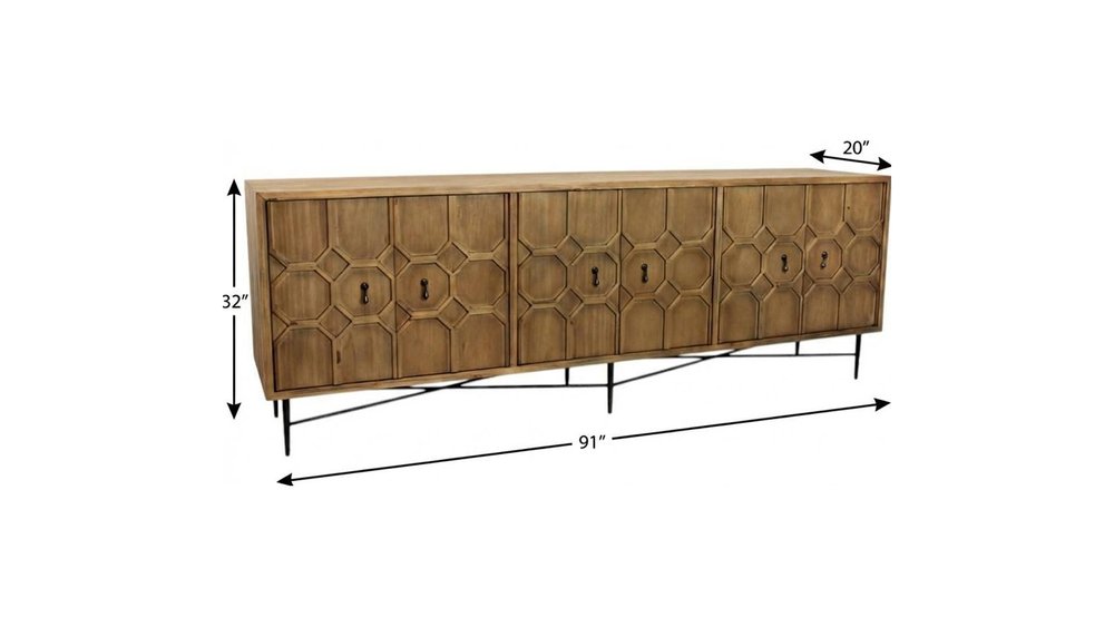 91" Natural Carved Geometric Wood 6 Door Buffet