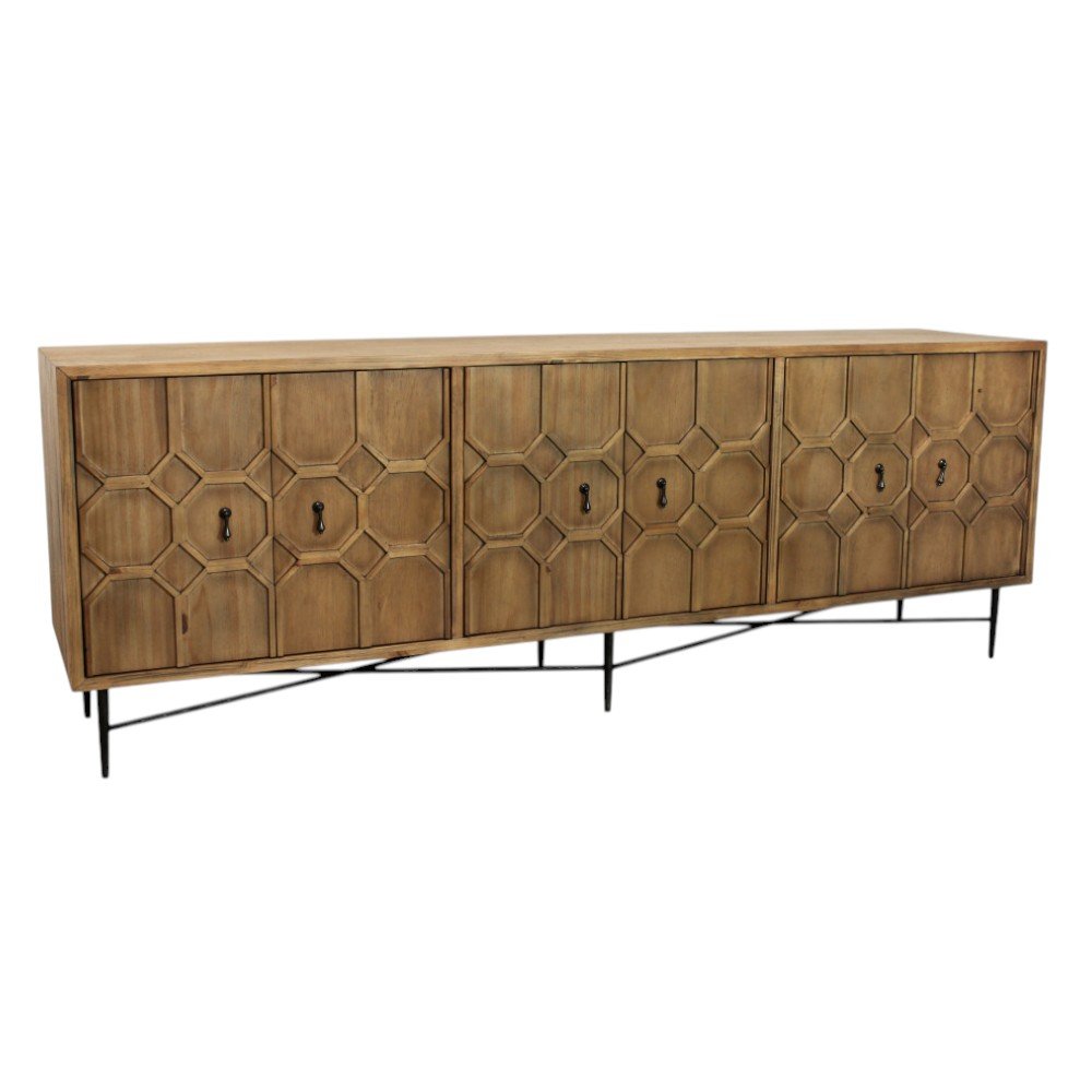 91" Natural Carved Geometric Wood 6 Door Buffet
