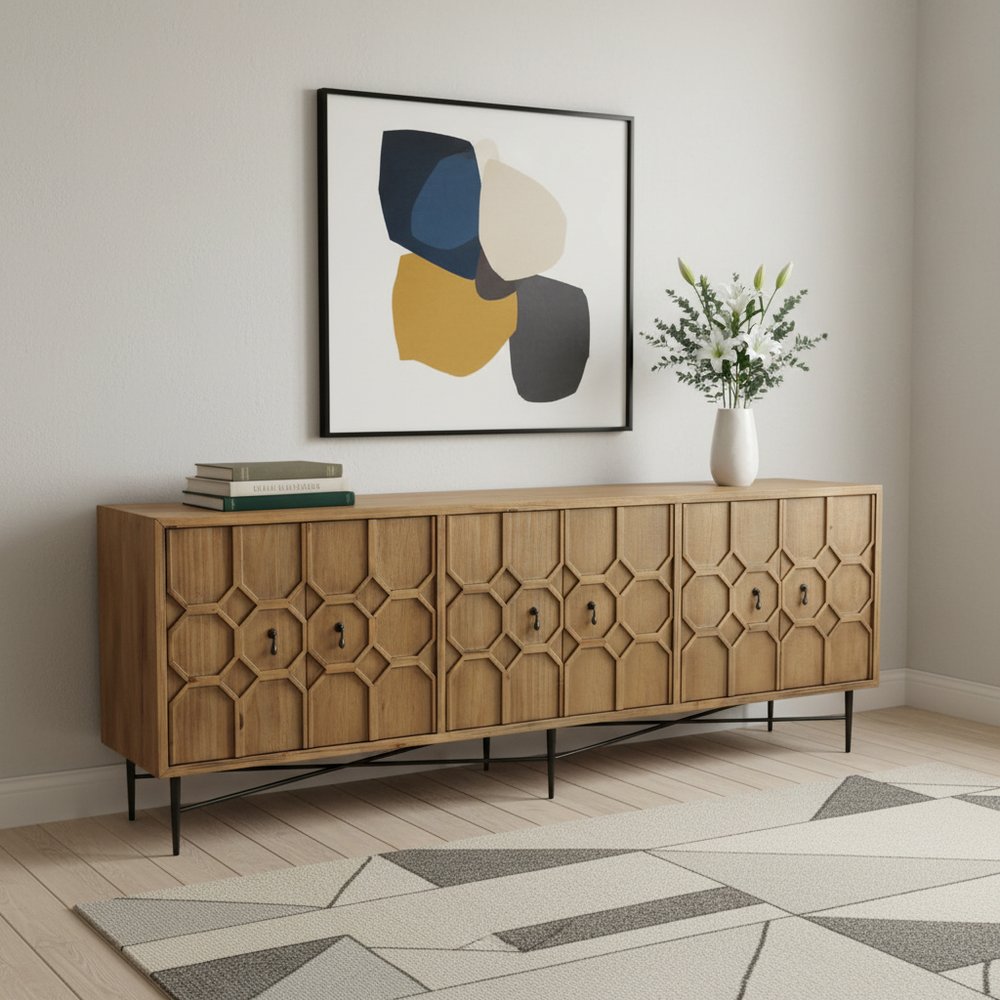 91" Natural Carved Geometric Wood 6 Door Buffet