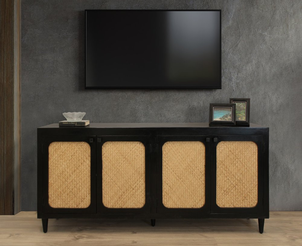 82" Black Wood and Rattan Door Sideboard