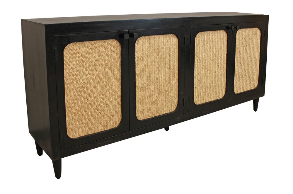 82" Black Wood and Rattan Door Sideboard