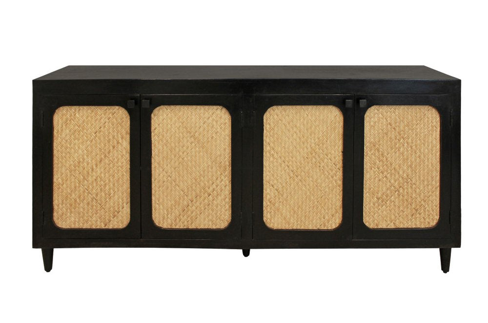 82" Black Wood and Rattan Door Sideboard