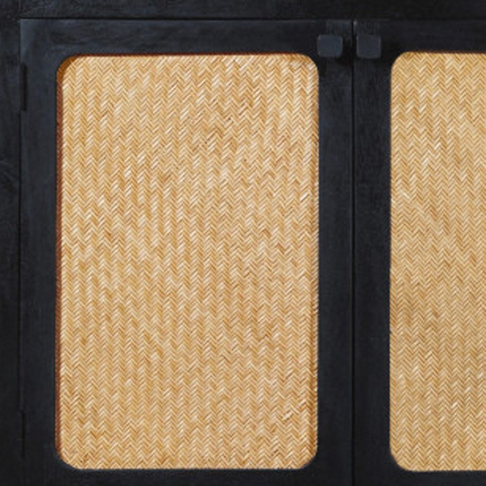 82" Black Wood and Rattan Door Sideboard