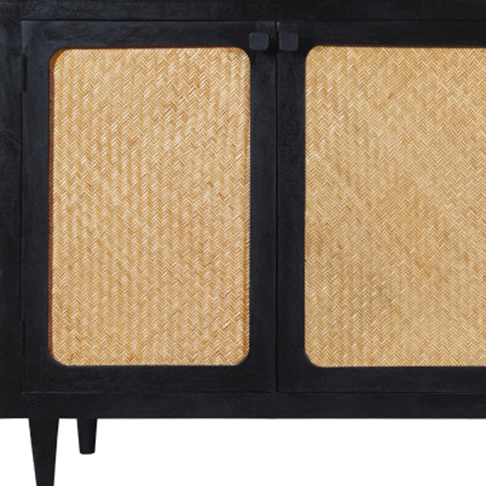 82" Black Wood and Rattan Door Sideboard