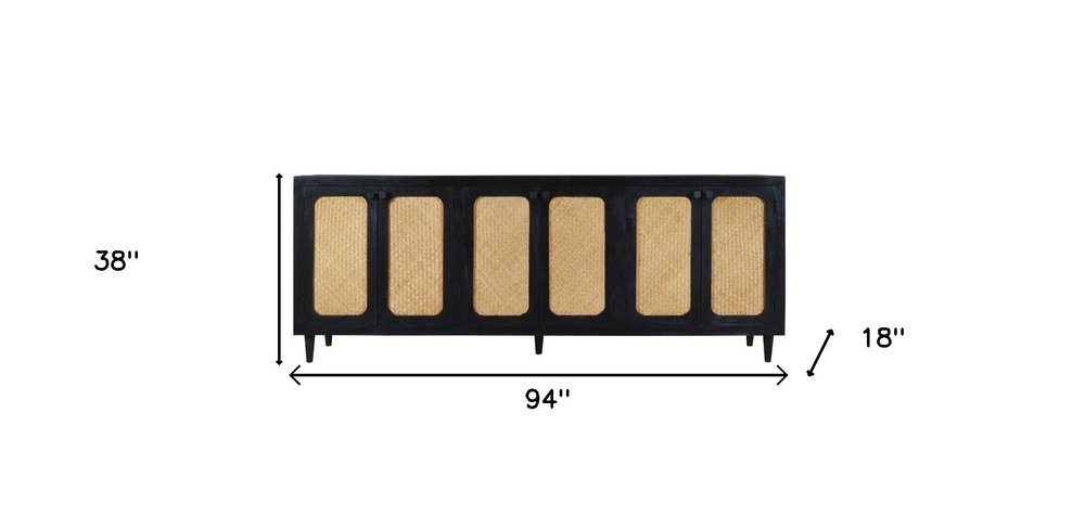 94" Black Wood and Rattan Door Sideboard