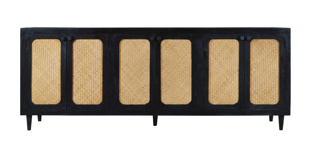 94" Black Wood and Rattan Door Sideboard