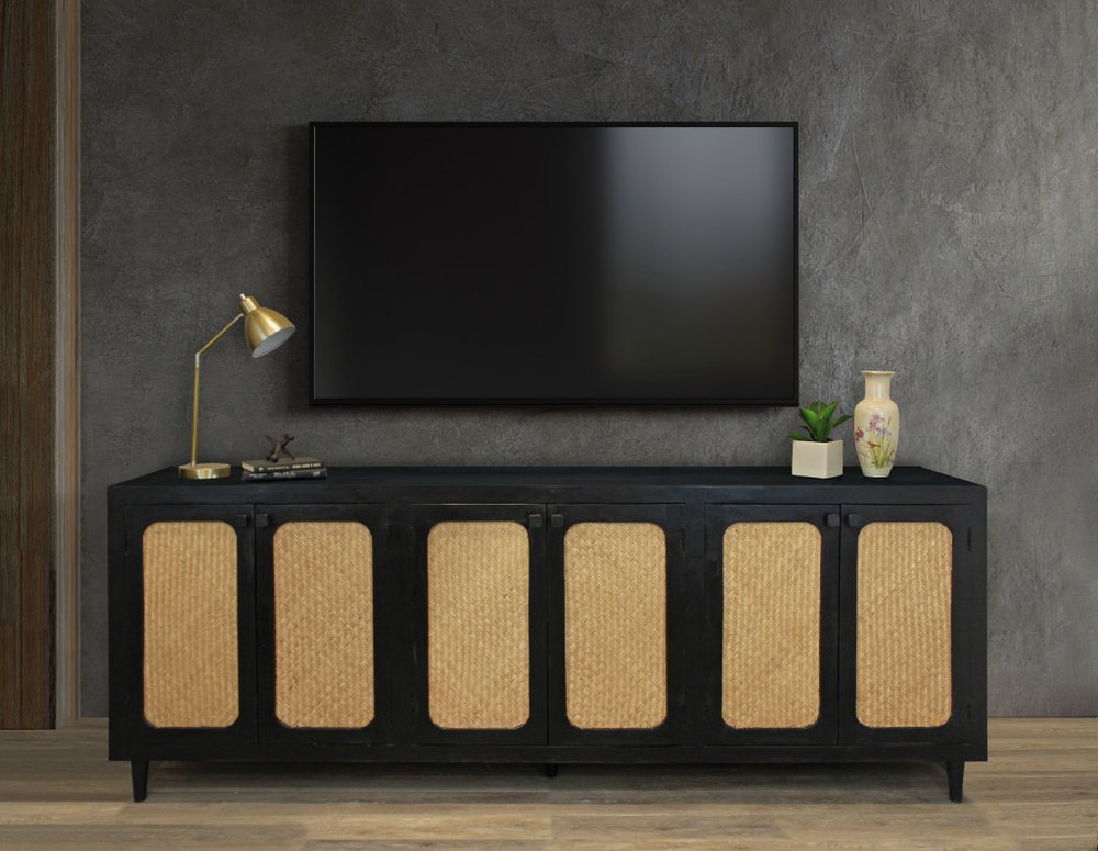 94" Black Wood and Rattan Door Sideboard