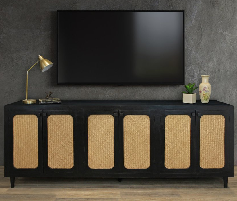 94" Black Wood and Rattan Door Sideboard