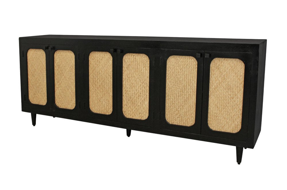 94" Black Wood and Rattan Door Sideboard