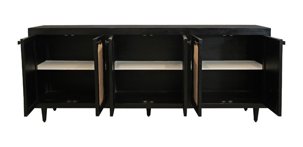 94" Black Wood and Rattan Door Sideboard