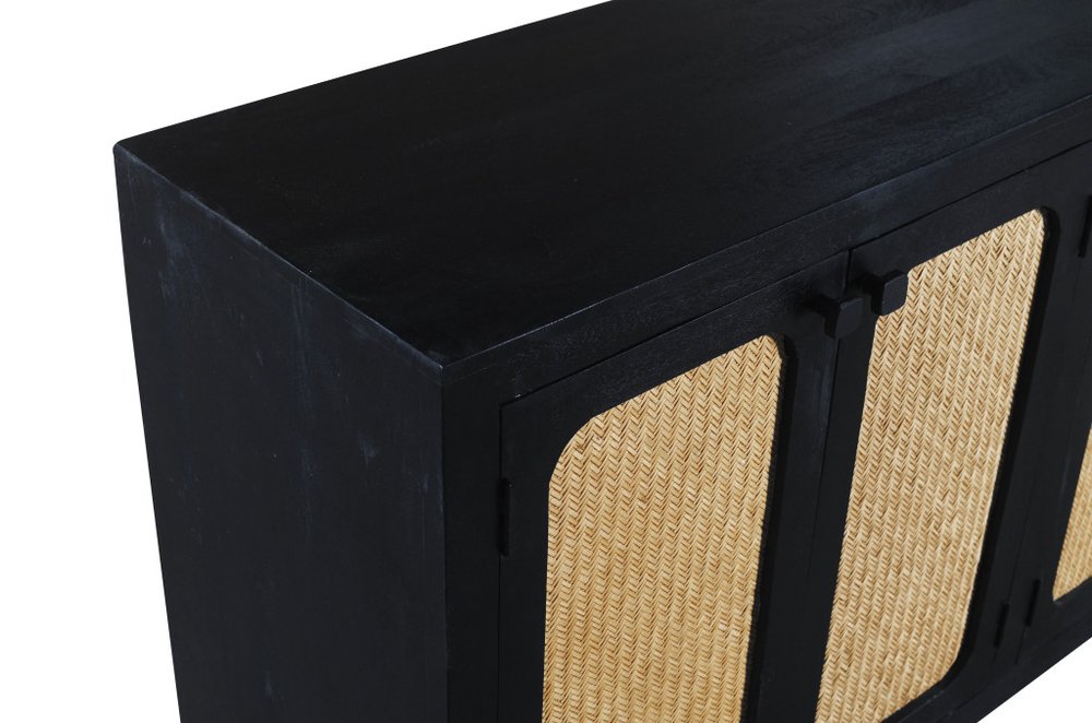 94" Black Wood and Rattan Door Sideboard