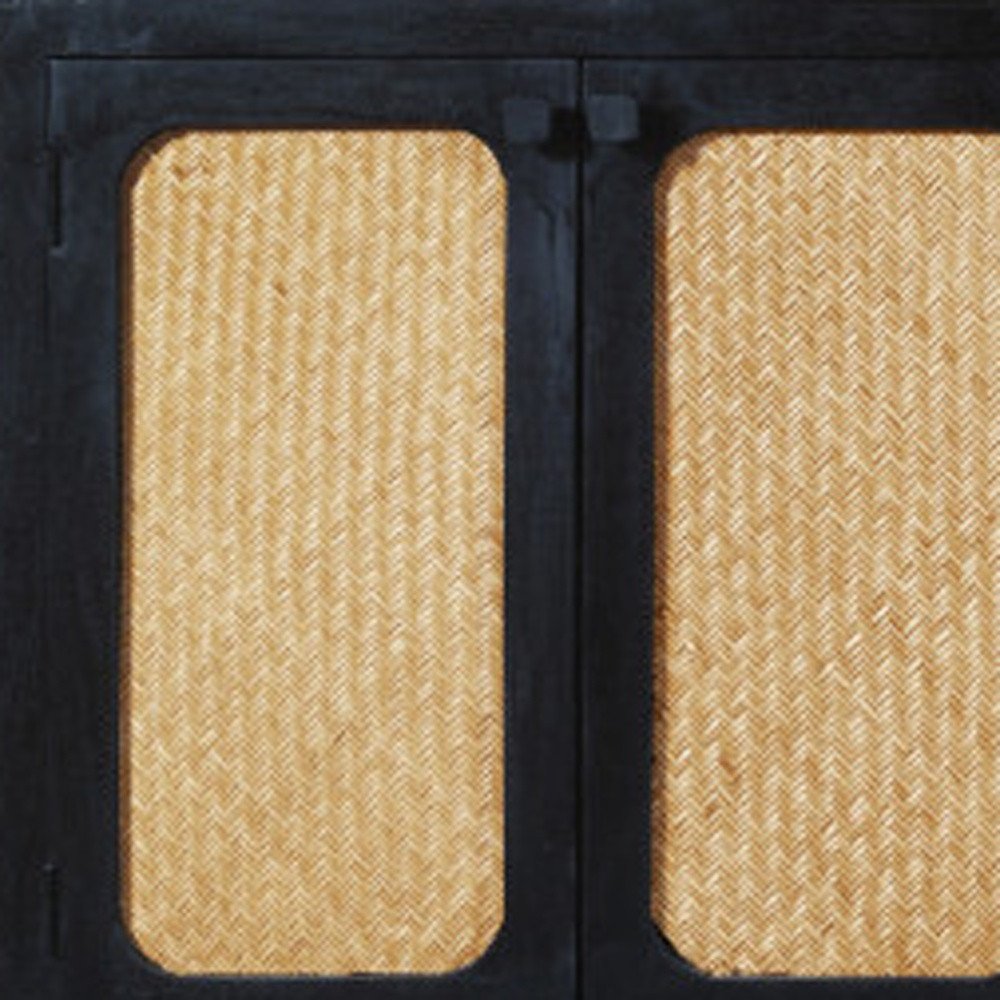 94" Black Wood and Rattan Door Sideboard