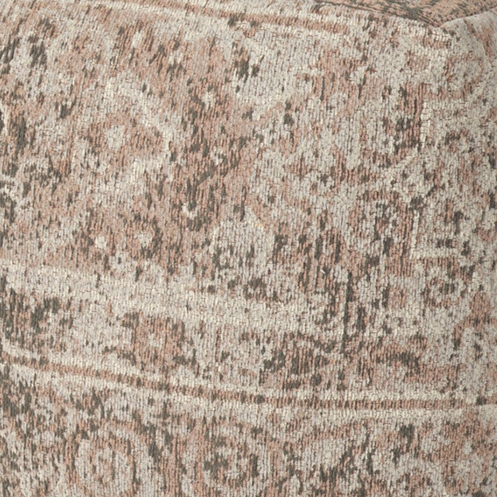 18" Beige and Taupe Chenille Damask Pouf Ottoman