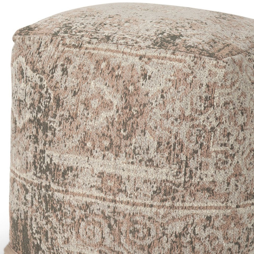 18" Beige and Taupe Chenille Damask Pouf Ottoman