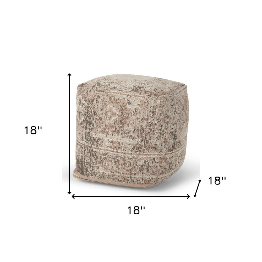 18" Beige and Taupe Chenille Damask Pouf Ottoman