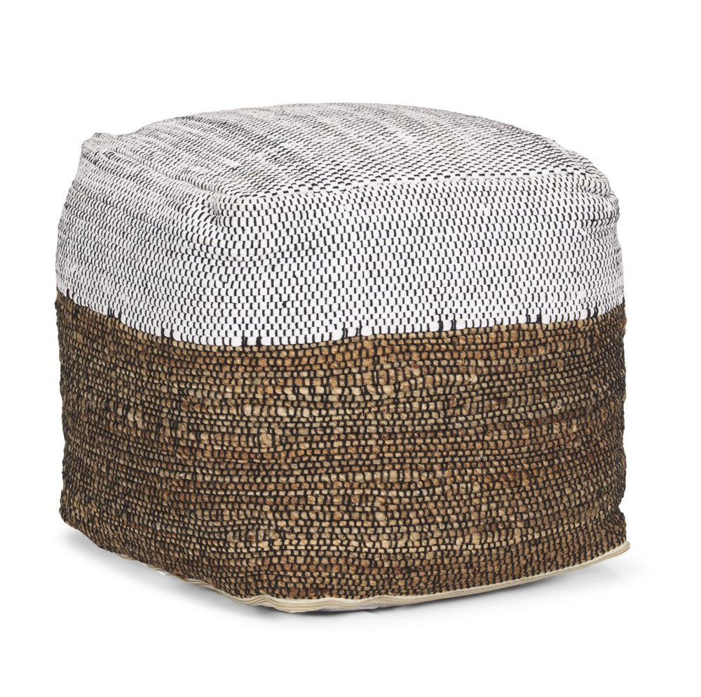 16" White and Brown Cotton and Jute Pouf Ottoman
