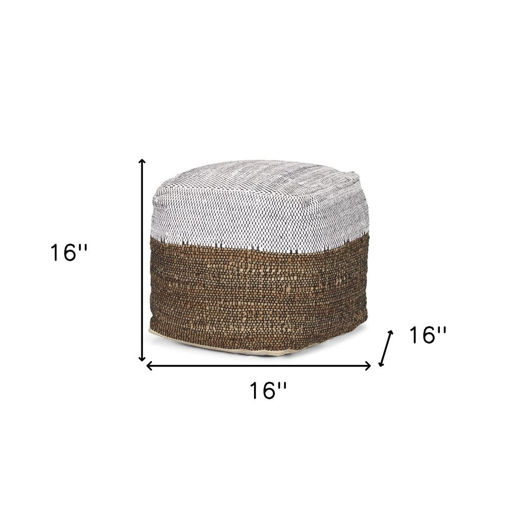 16" White and Brown Cotton and Jute Pouf Ottoman