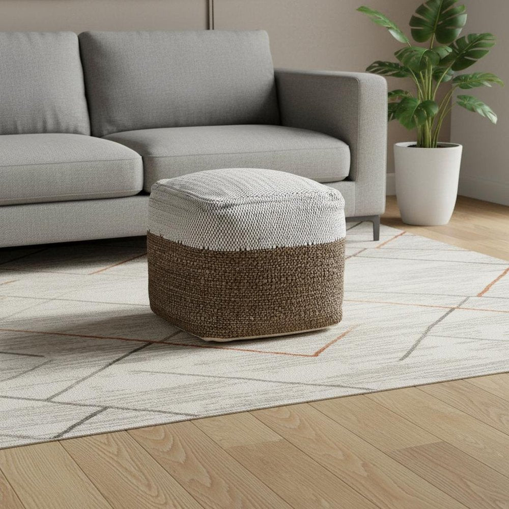 16" White and Brown Cotton and Jute Pouf Ottoman