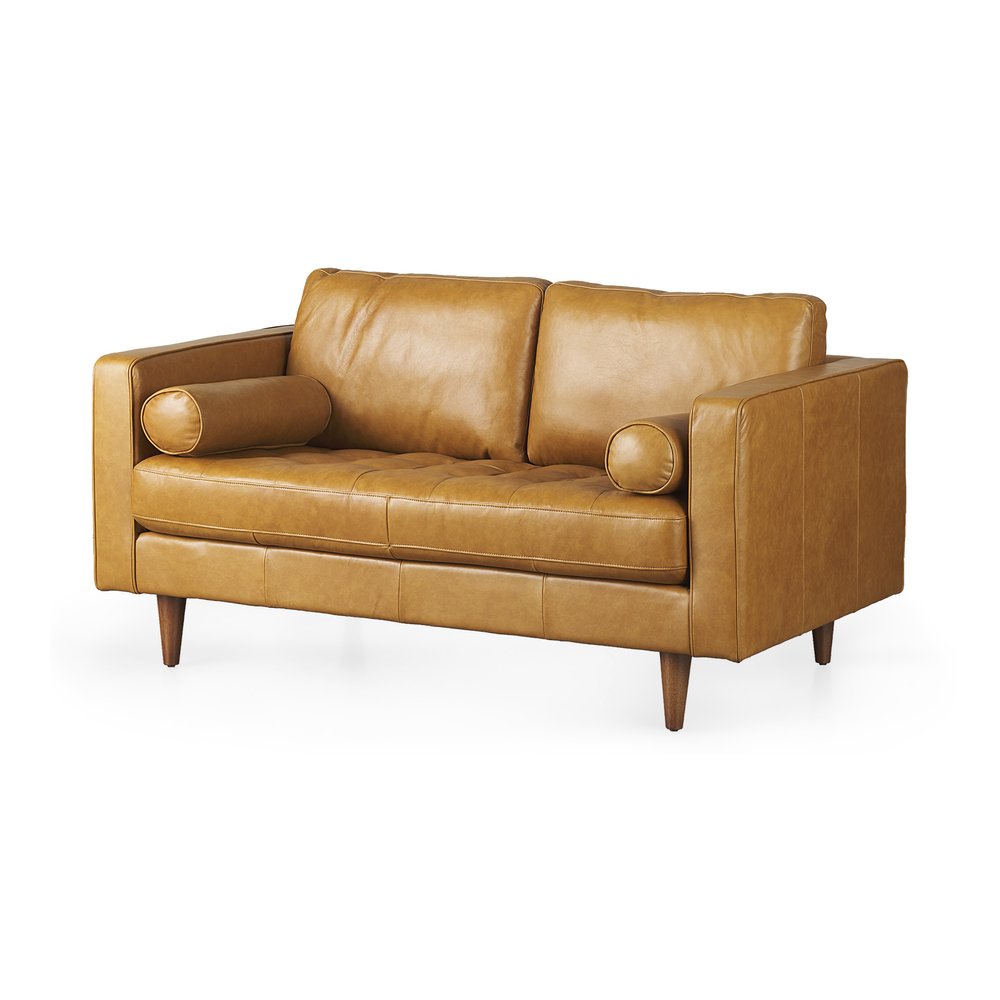 65" Light Brown Tufted Leather Loveseat