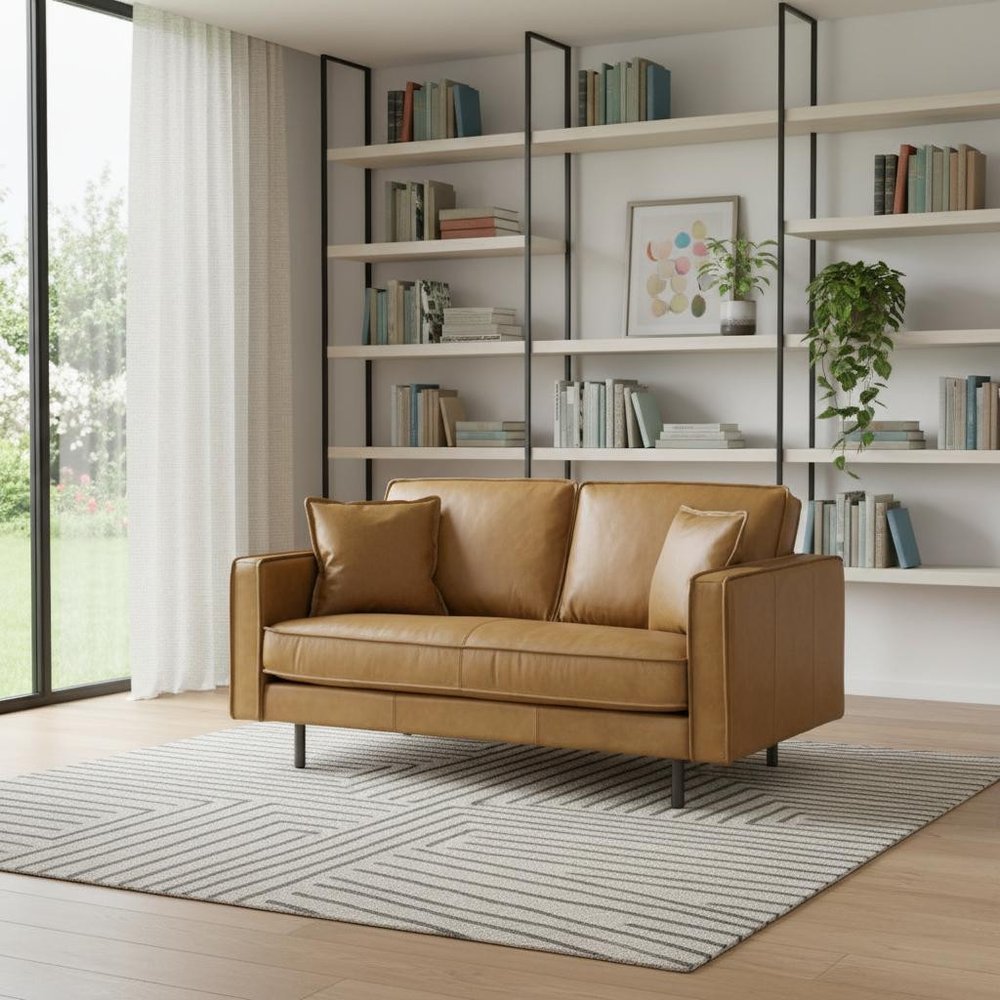 65" Tan Leather Mid-Century Sofa