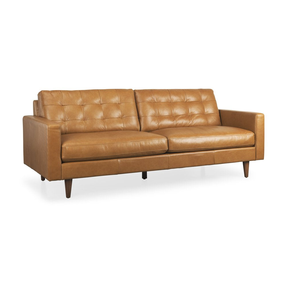 88" Brown Tufted Leather Mid-Century Sofa