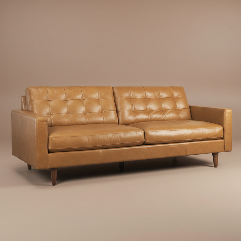 88" Brown Tufted Leather Mid-Century Sofa