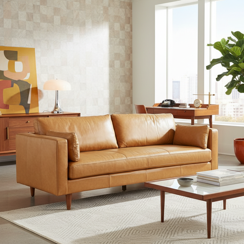 88" Tan Leather Mid-Century Sofa
