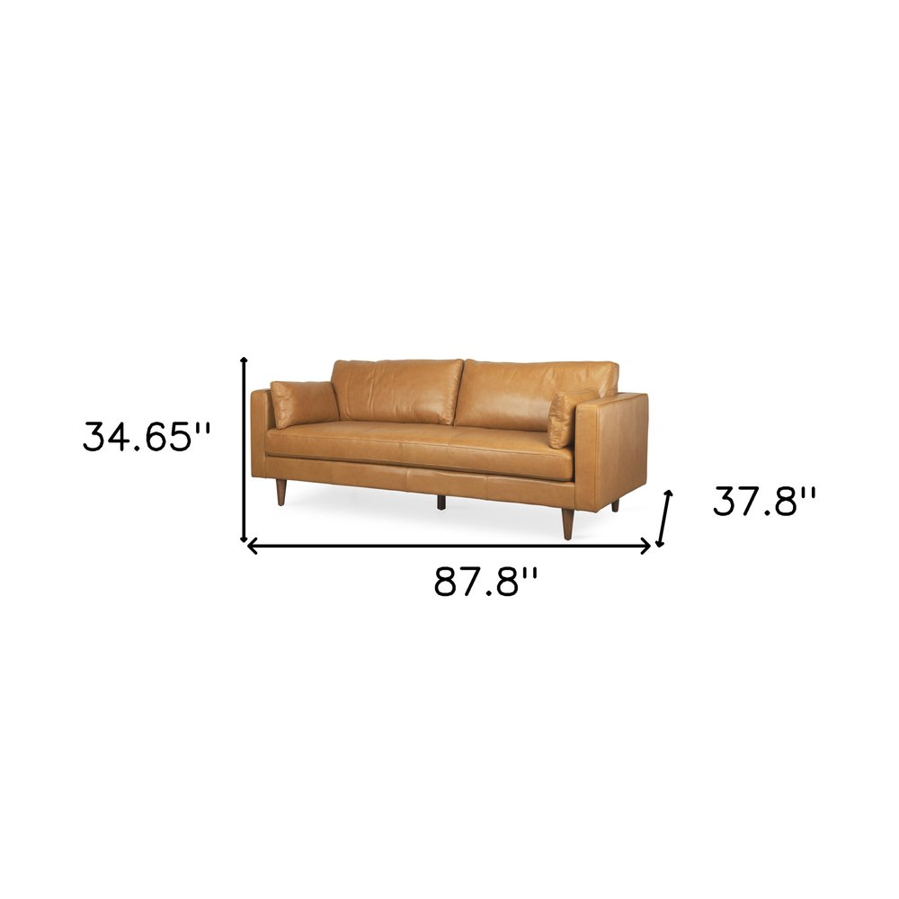 88" Tan Leather Mid-Century Sofa