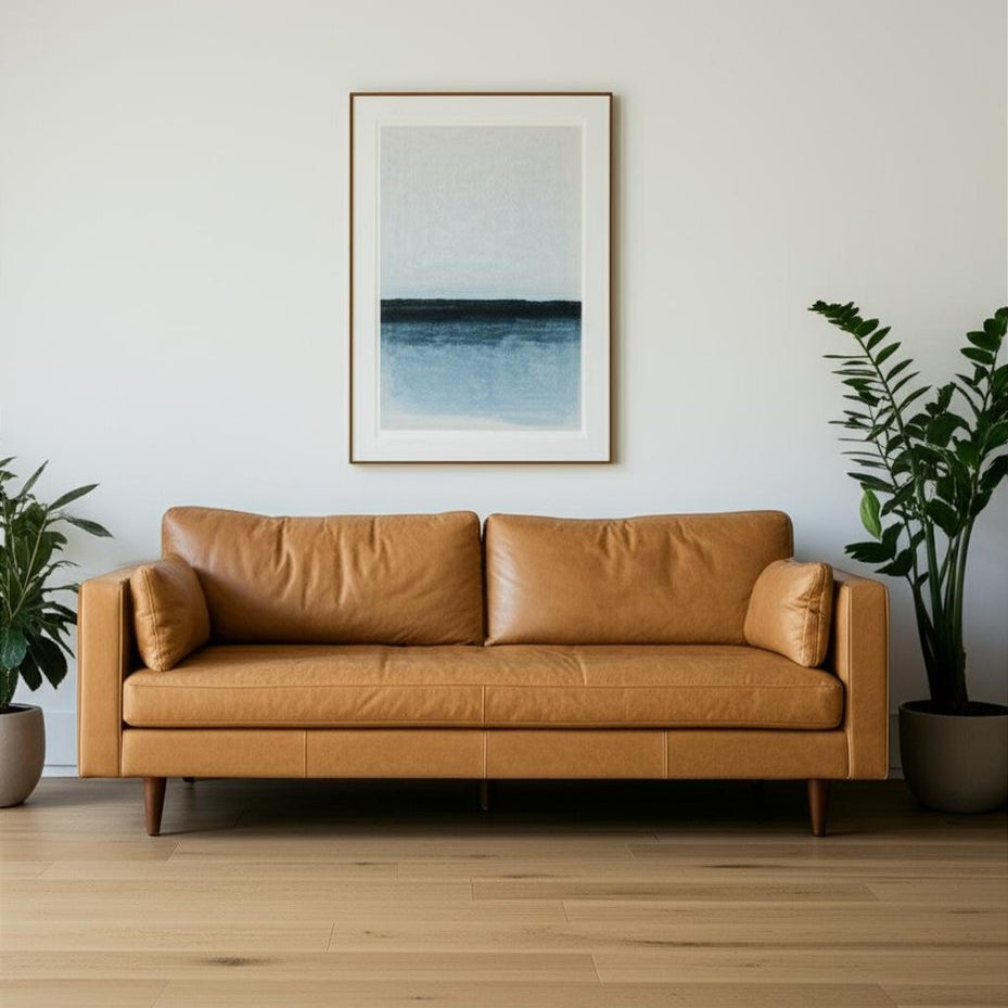 88" Tan Leather Mid-Century Sofa
