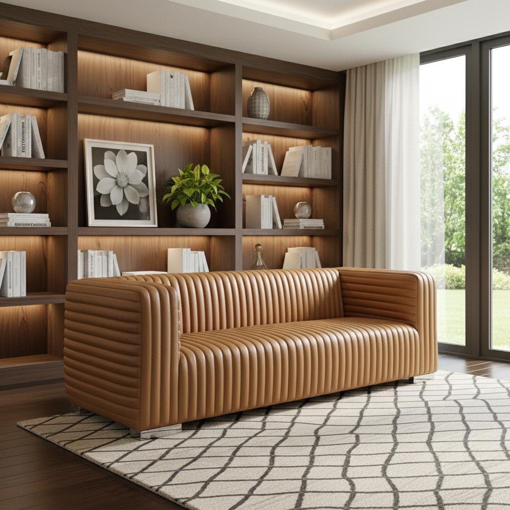 83" Top Grain Leather Contemporary Tufted Tuxedo Sofa