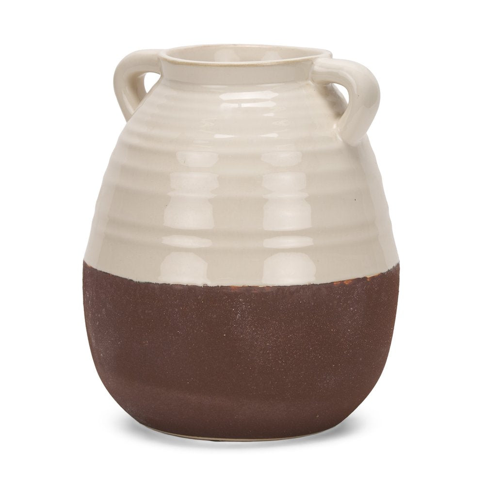 14" Brown and Cream Split Ceramic Amphora Vase