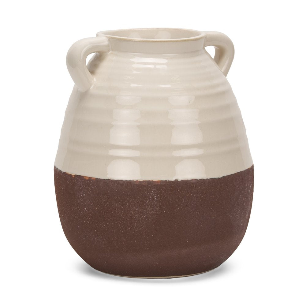 14" Brown and Cream Split Ceramic Amphora Vase