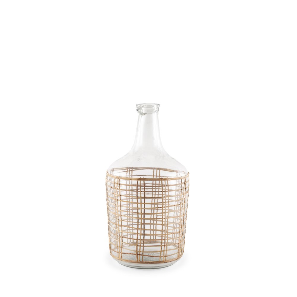15" Glass and Rattan Bottle Floor Vase