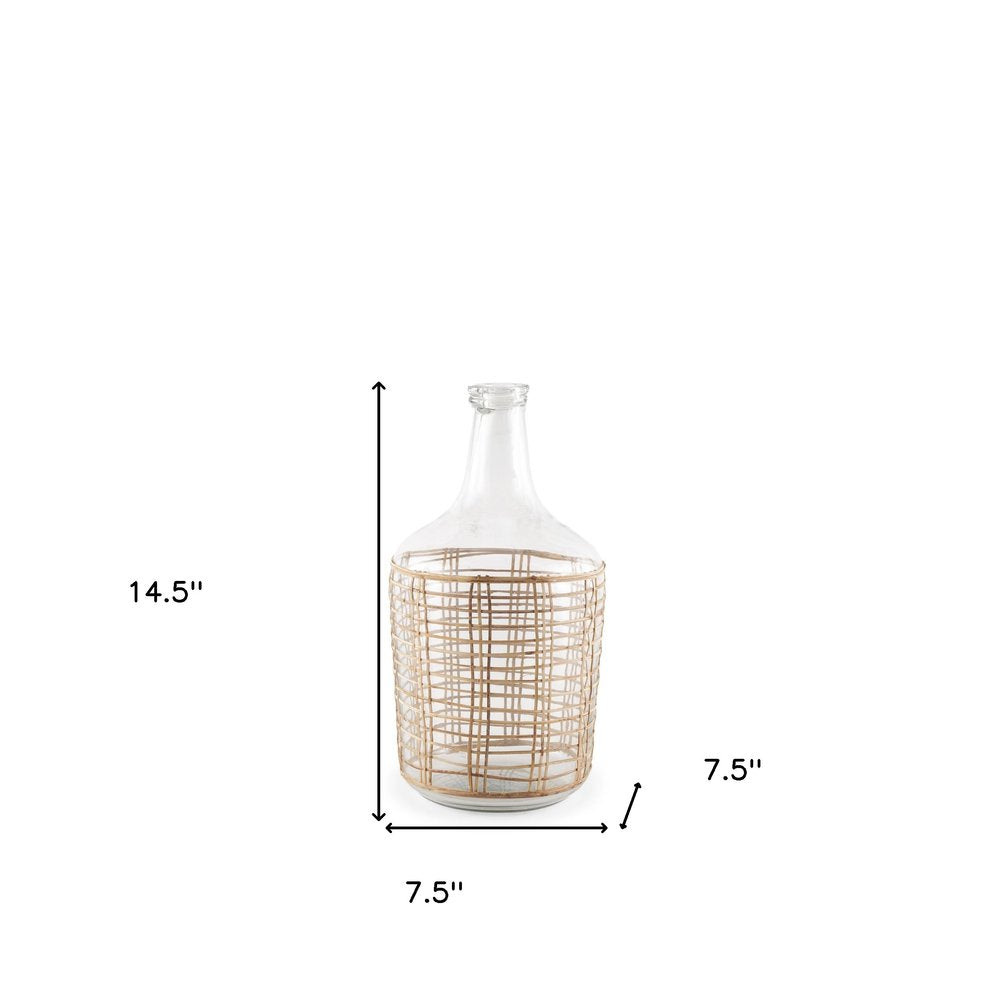 15" Glass and Rattan Bottle Floor Vase